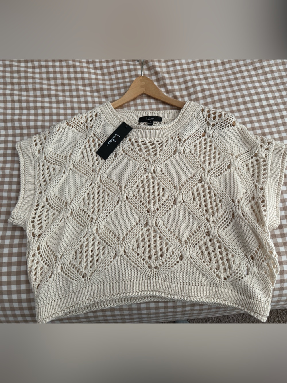 Lulu's Cream Openwork Short Sleeve Knit Sweater